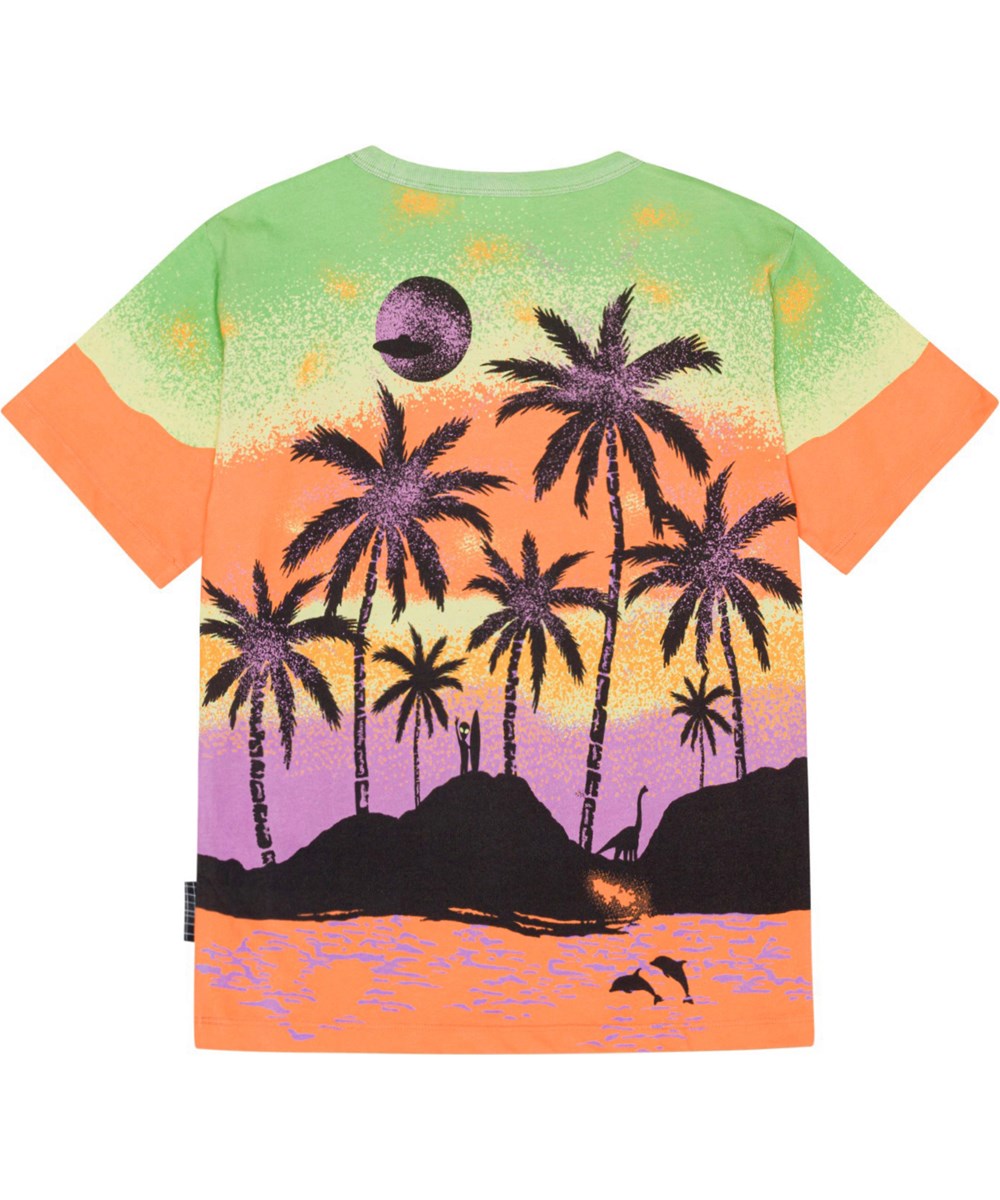 Riley - Alien Island - Grön orange lila ekologisk t-shirt med Hawaii och alien.