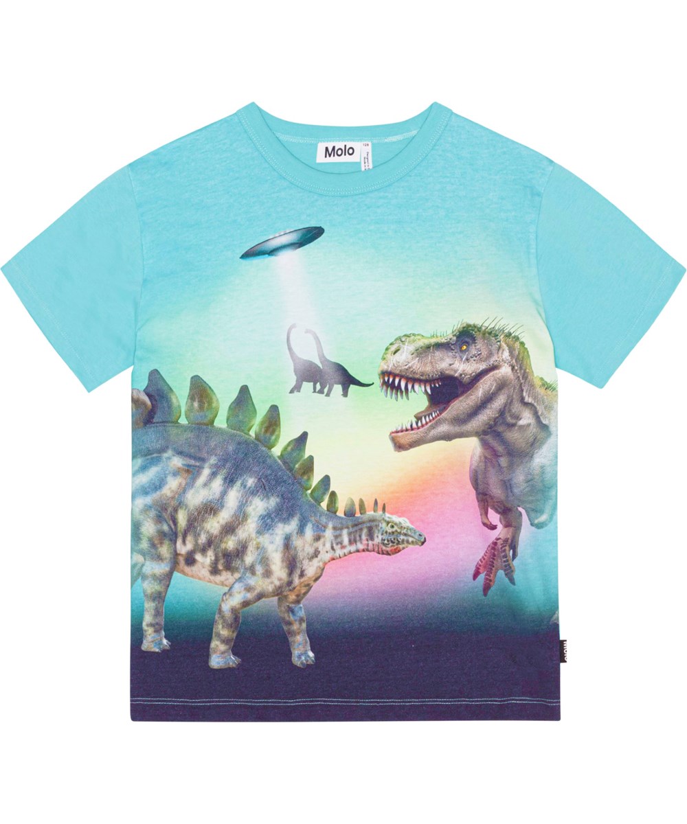 Riley - Beaming Dinos - Turkos ekologisk t-shirt med dinosaurier.