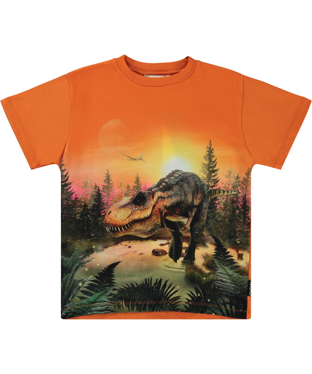 Riley - Dino Lake - Orange ekologisk t-shirt med dinosauriemönster.