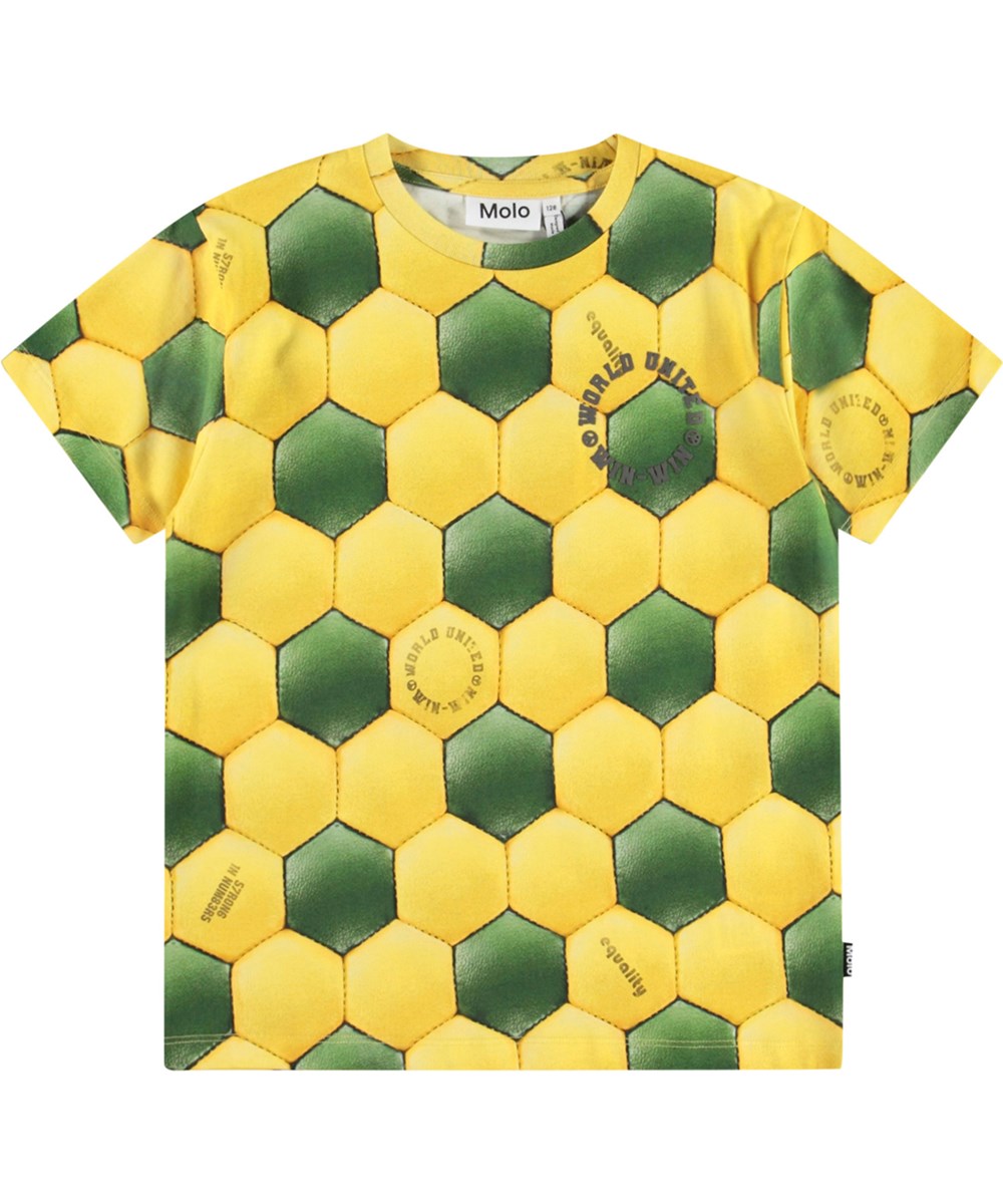 Riley - Football Sunbeam - Gul och grön t-shirt med tryck för barn i mjuk ekologisk bomull med korta ärmar och ribbad halsringning.