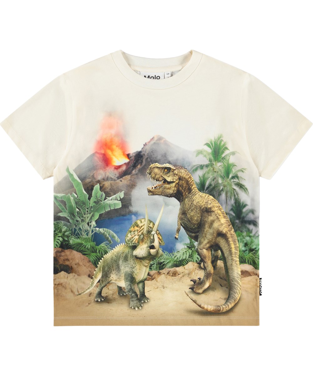 Riley - Hot Spring Dinos - Beige T-shirt för barn i ekologisk bomull