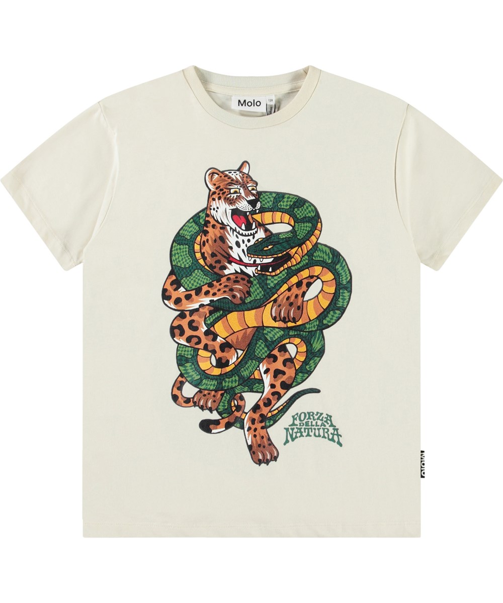 Riley - Jaguar And Snake - Off-white t-shirt med tryck för barn i mjuk ekologisk bomull med korta ärmar och ribbad halsringning.