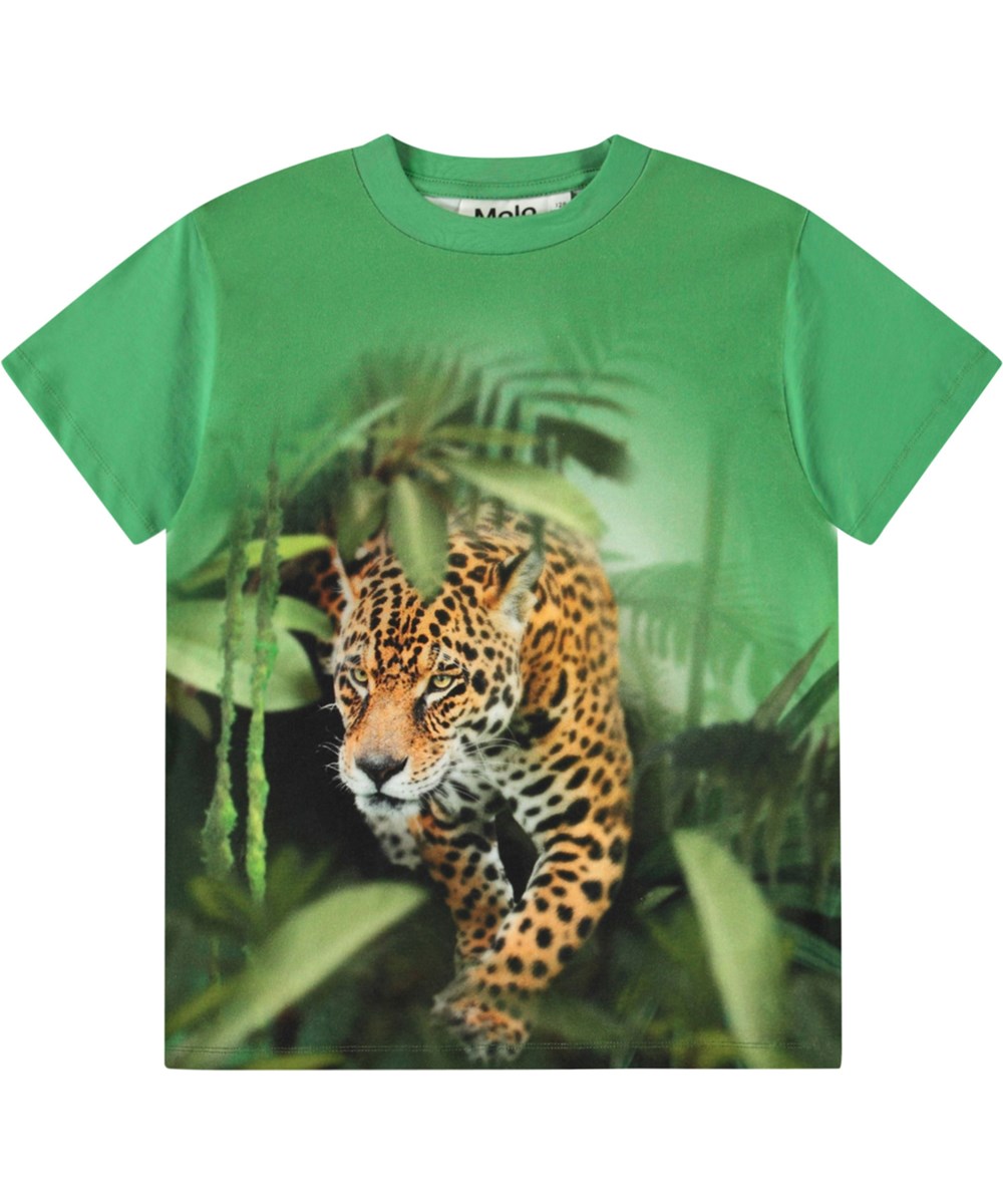 Riley - Jaguars - Grön T-shirt med tryck för barn i mjuk ekologisk bomull med korta ärmar och ribbad halsringning.