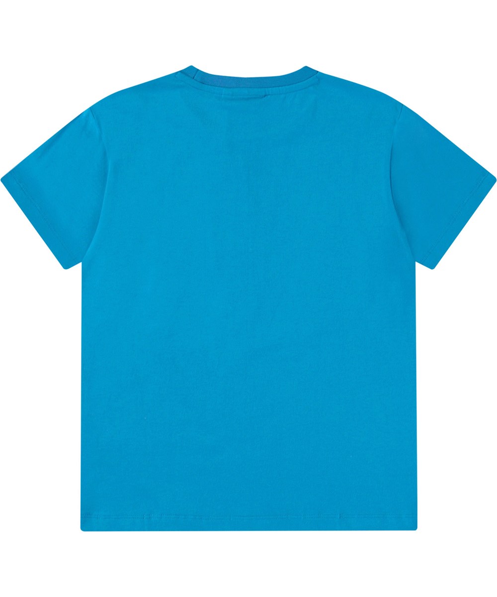 Riley - Peacock Blue - Blå t-shirt med tryck för barn i mjuk ekologisk bomull med korta ärmar och ribbad halsringning.