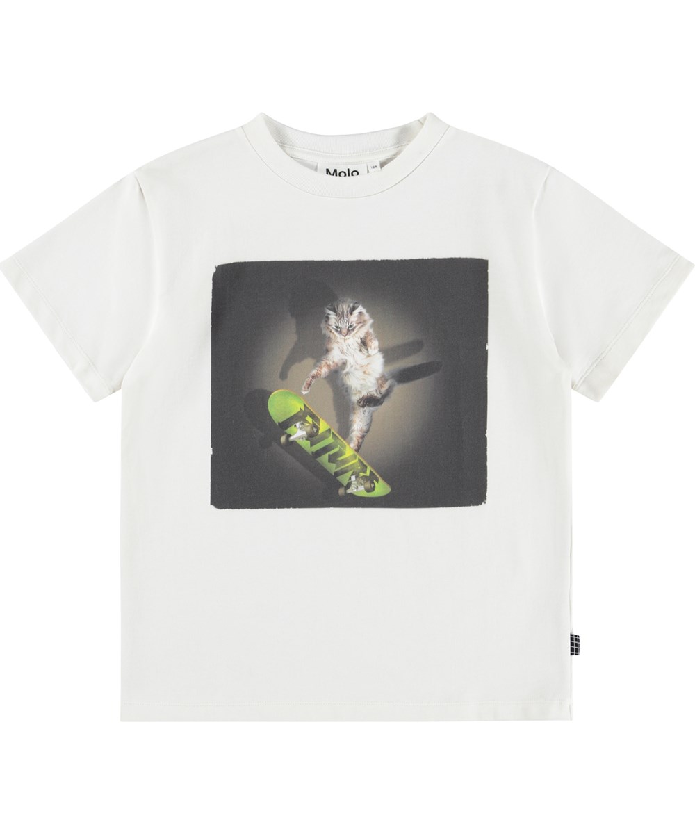 Riley - Scate - Vit T-shirt i mjuk ekologisk bomull med tryck, korta ärmar och ribbad halsringning.