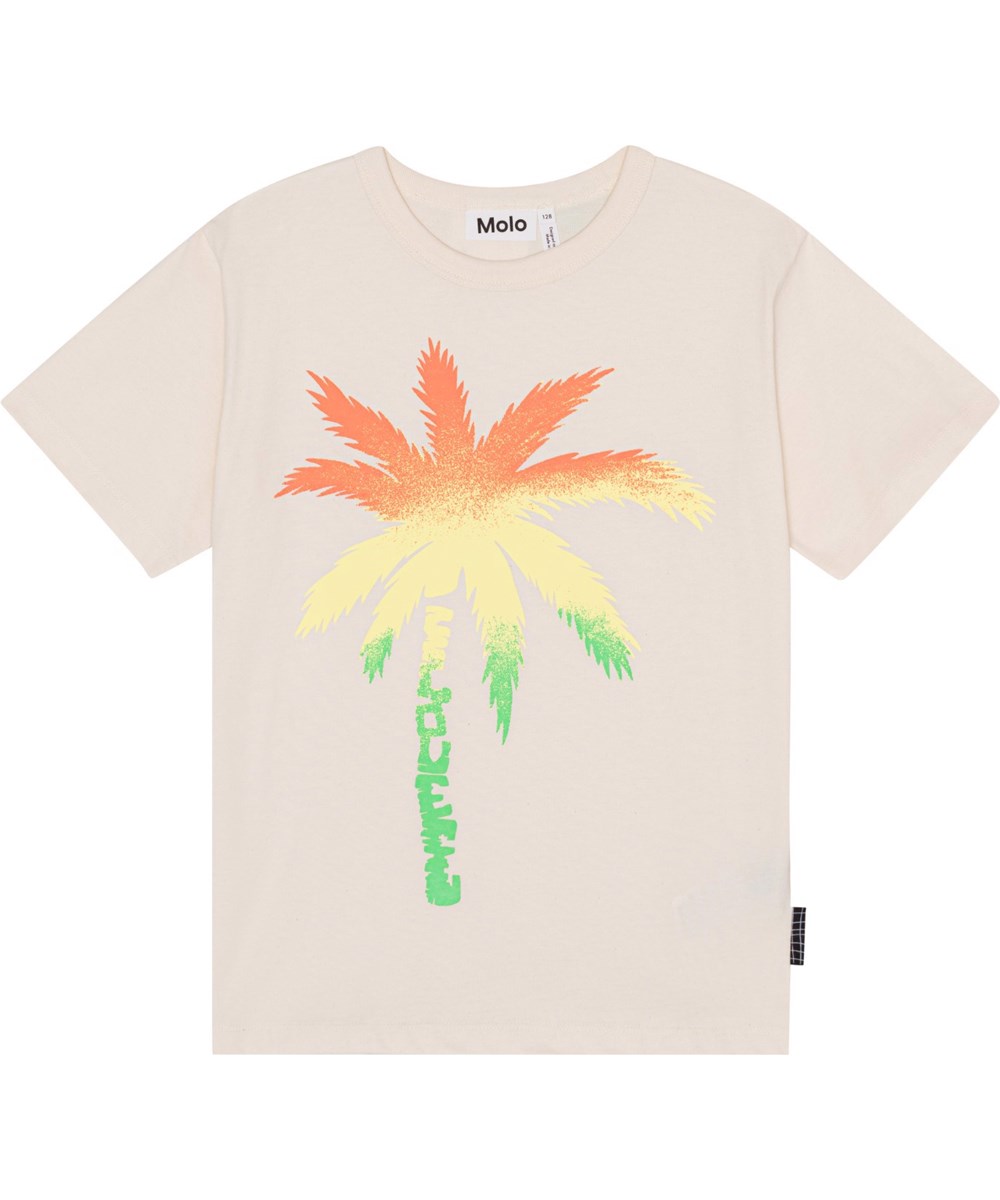 Riley - Spray Palm - Ljus ofärgad ekologisk t-shirt med palmer.