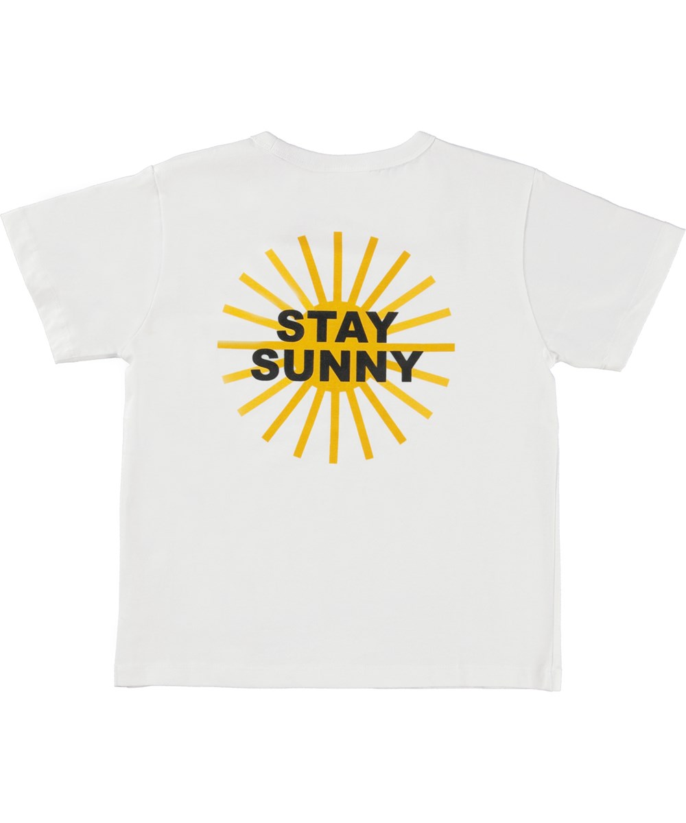Riley - Staying Sunny - Vit ekologisk t-shirt med solmönster.