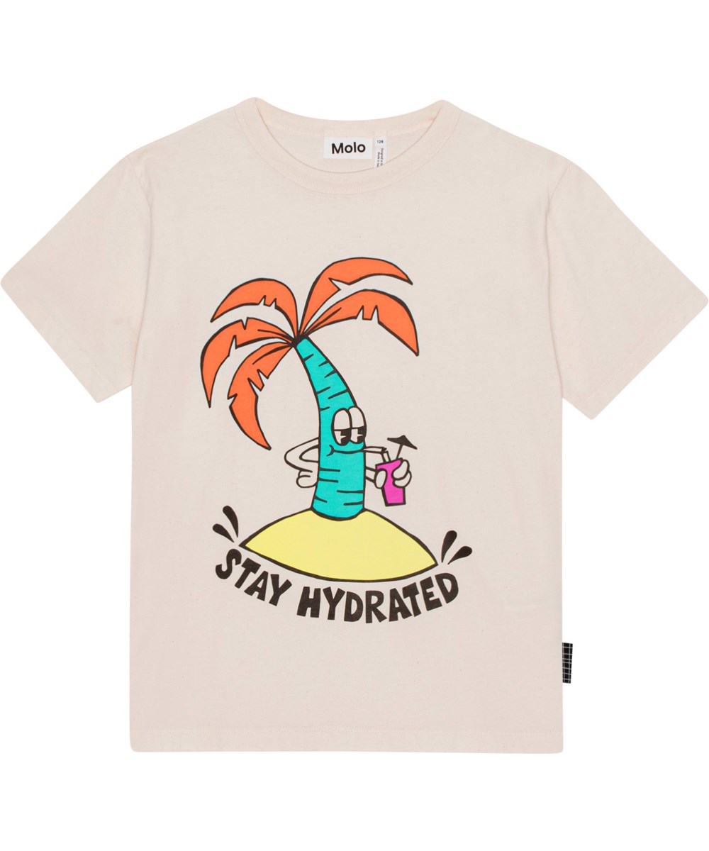 Riley - Thirsty Palmtree - Ljus ofärgad ekologisk t-shirt med tecknade palmer.