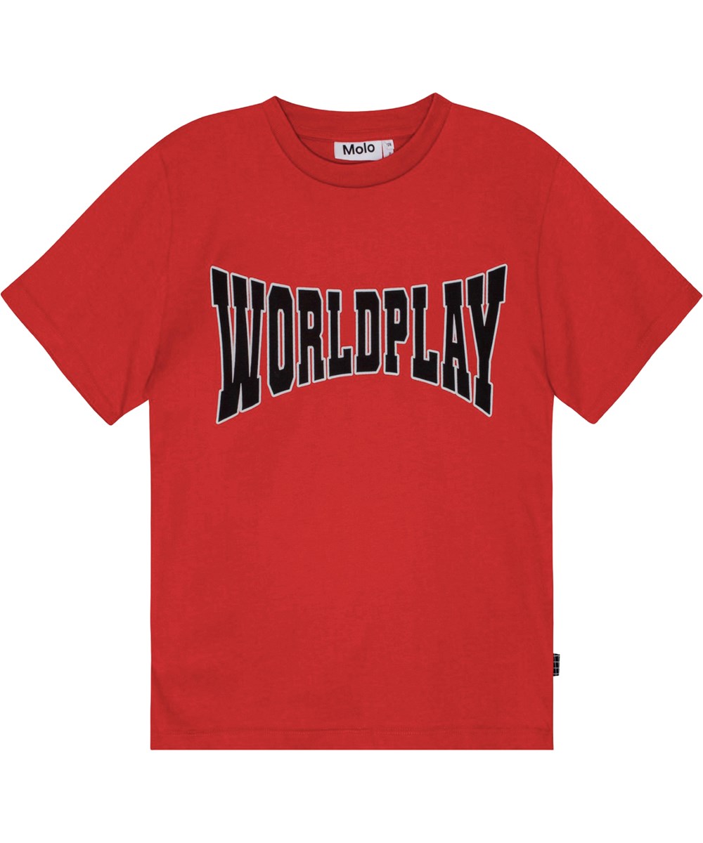 Riley - Worldplay - Röd T-shirt i ekologisk bomull med tryck av "World Play".