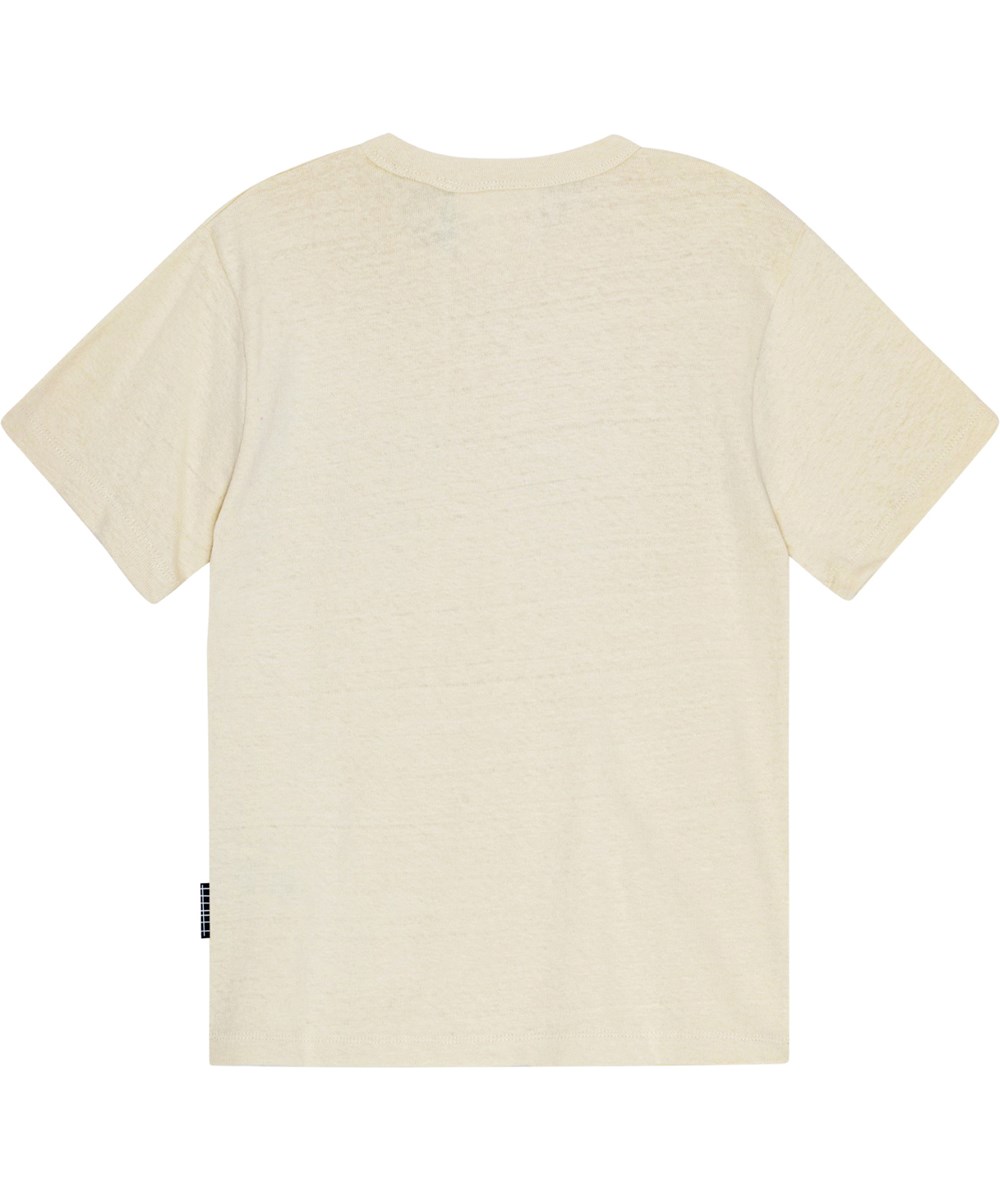 Riley - Worldplay Pine - Off-white T-shirt i ekologisk bomull med grönt och gult "World Play" tryck.