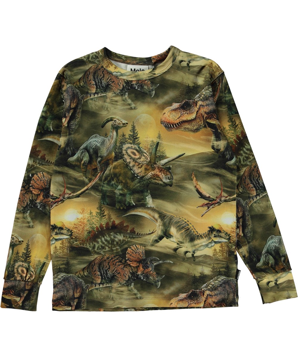 Rill - Dino Dawn - Grön ekologisk långärmad t-shirt med dinosauriemönster.