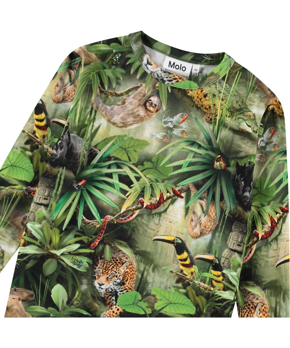Rill - Jungle Animals - Långärmad topp med djungeltryck för barn i mjuk ekologisk bomull med ribbad kant på halsen och ärmarna.