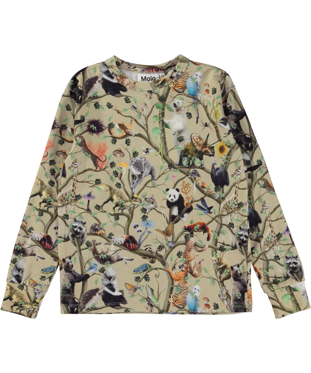 Rill - Living Together - Beige ekologisk långärmad t-shirt med djurmönster.