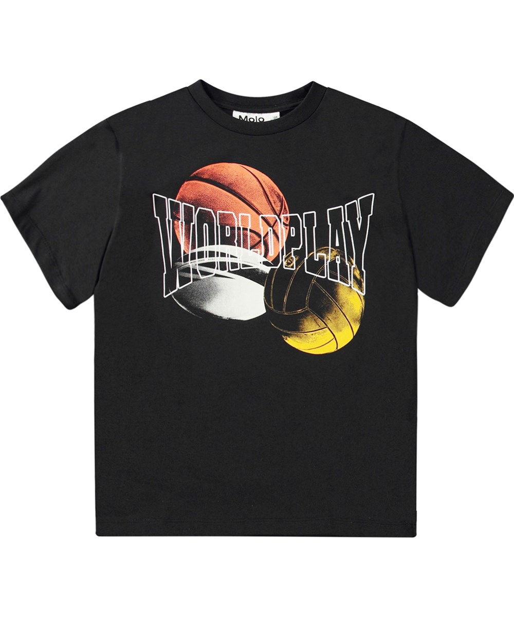 Rodney - Ball Trio - Oversized svart T-shirt med sporttryck och texten "World Play".