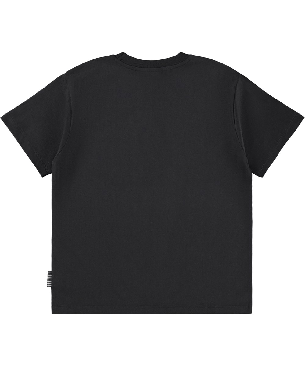 Rodney - Burning Text - Svart oversize T-shirt för barn i mjuk ekologisk bomull med tryck, korta ärmar och en ribbad halsringning.