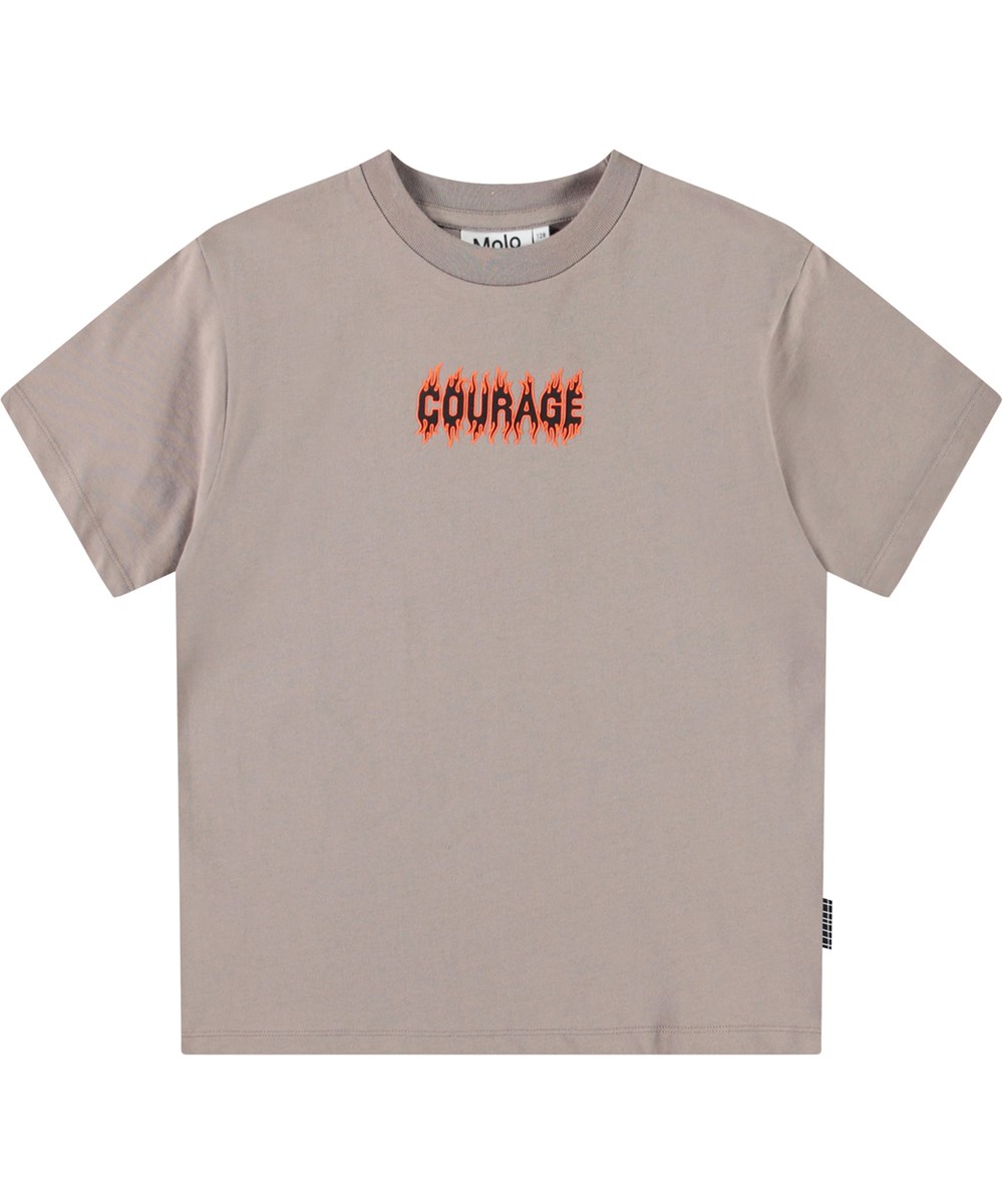 Rodney - Cinder Rock - Ljusbrun t-shirt med tryck för barn i ekologisk bomull med korta ärmar och ribbad halsringning.