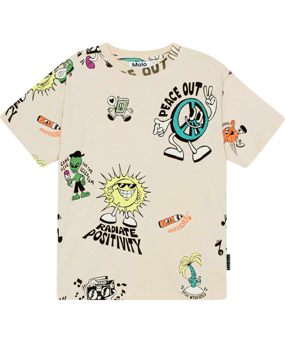 Rodney - Diffriends - Råvit ekologisk t-shirt med multifärgat mönster.