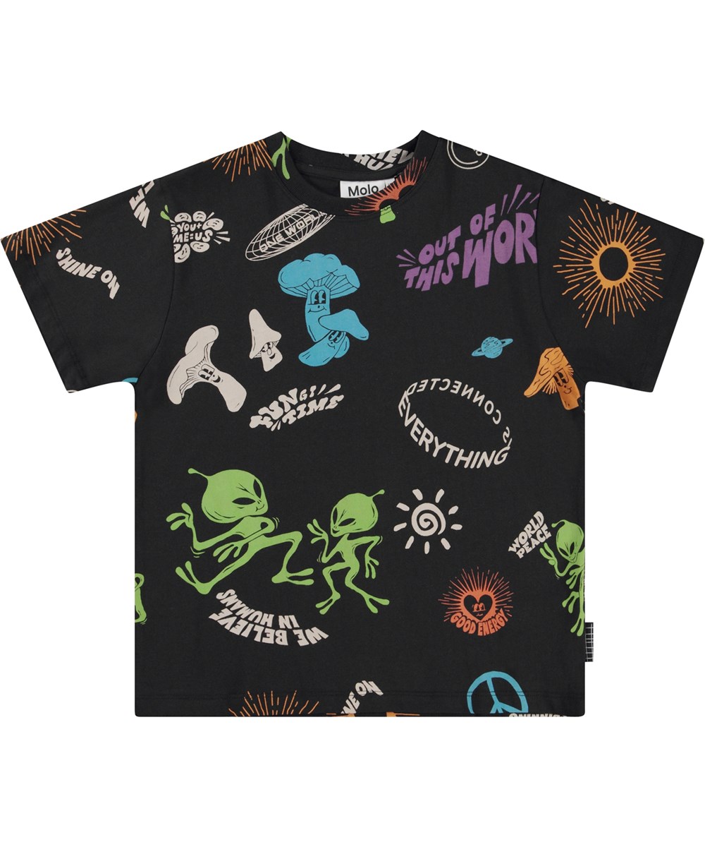 Rodney - Living Colour - Svart ekologisk t-shirt med multifärgat mönster.