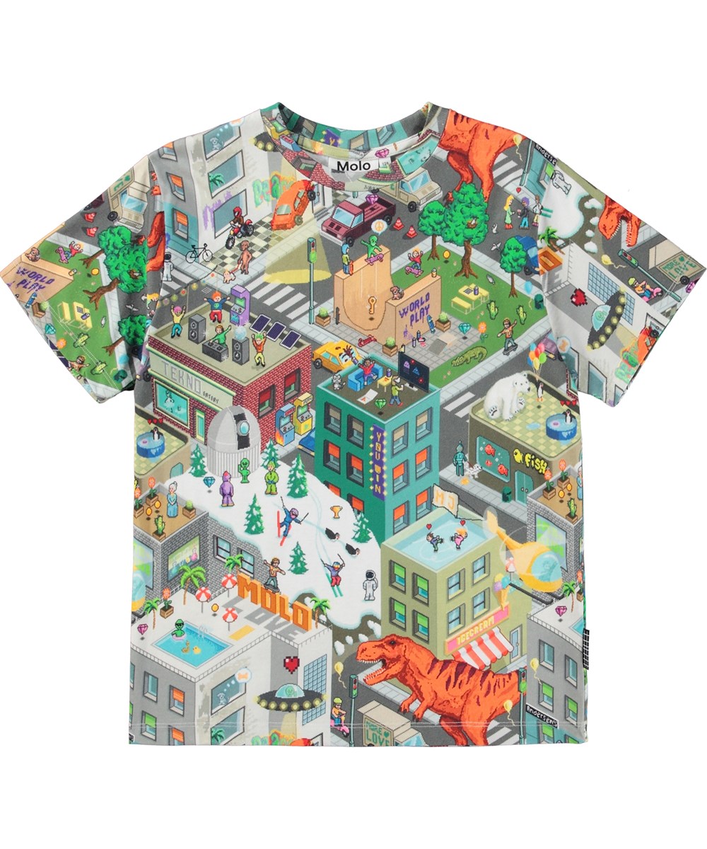 Rodney - Pixelhagen - Multifärgad T-shirt i ekologisk bomull med oversized passform och spelhallstryck.