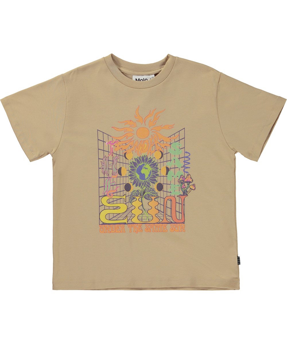 Rodney - Ridge - Beige ekologisk t-shirt med grafiskt mönster.