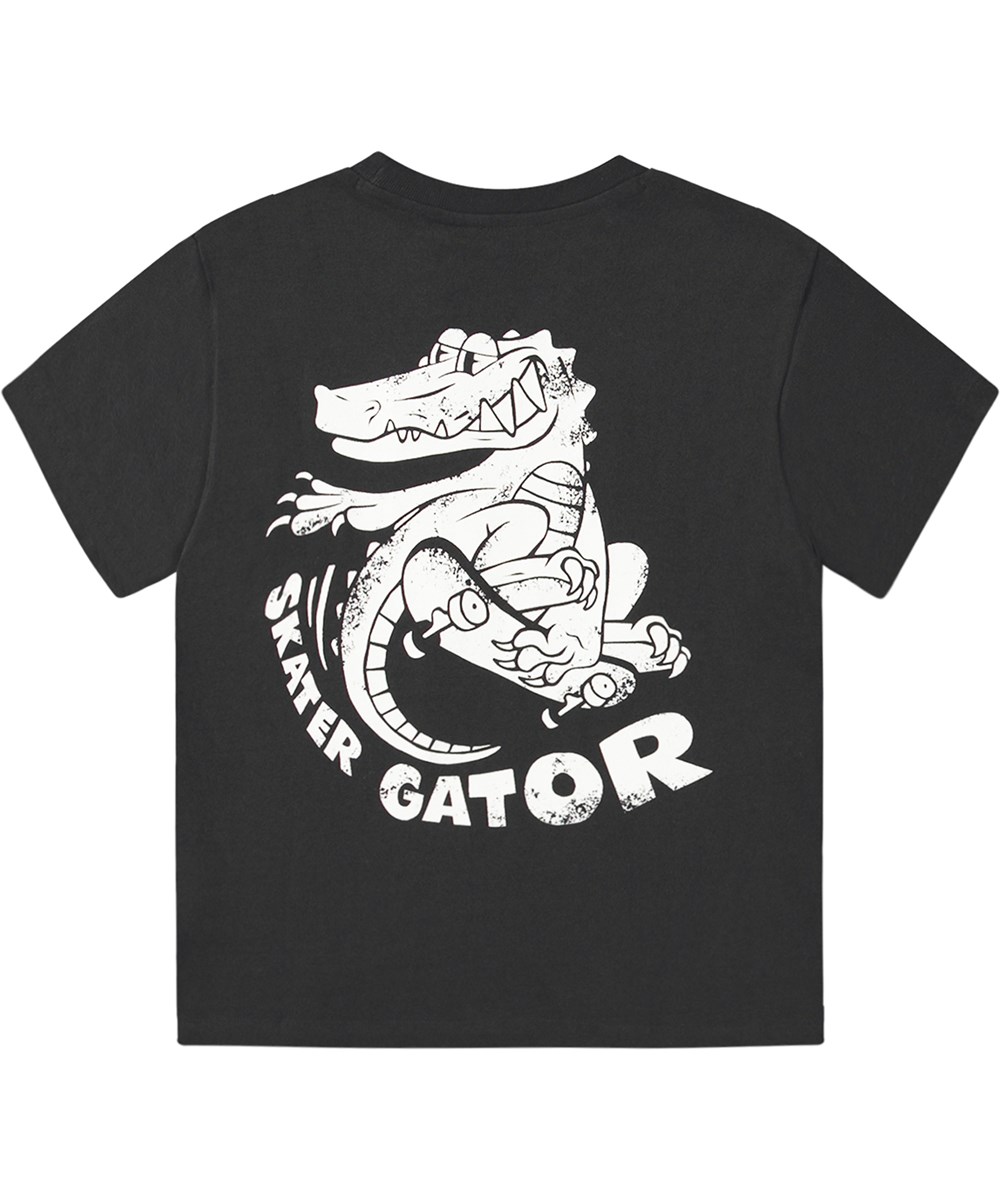 Rodney - Skater Gator - Oversized svart T-shirt i ekologisk bomull med skater alligatortryck.