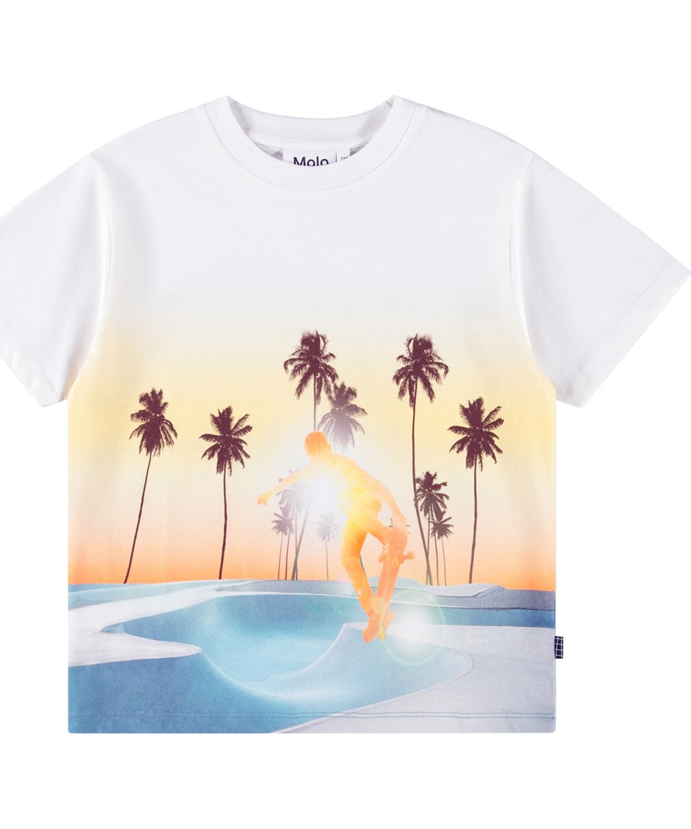 Rodney - Sunrise Skate - Överdimensionerad vit t-shirt med mönster i ekologisk bomull för barn.
