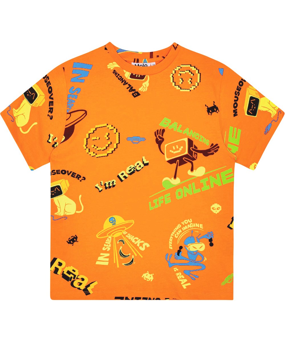 Rodney - Tooniverse - Orange t-shirt i ekologisk bomull med korta ärmar och mönster med serietidningar över hela.