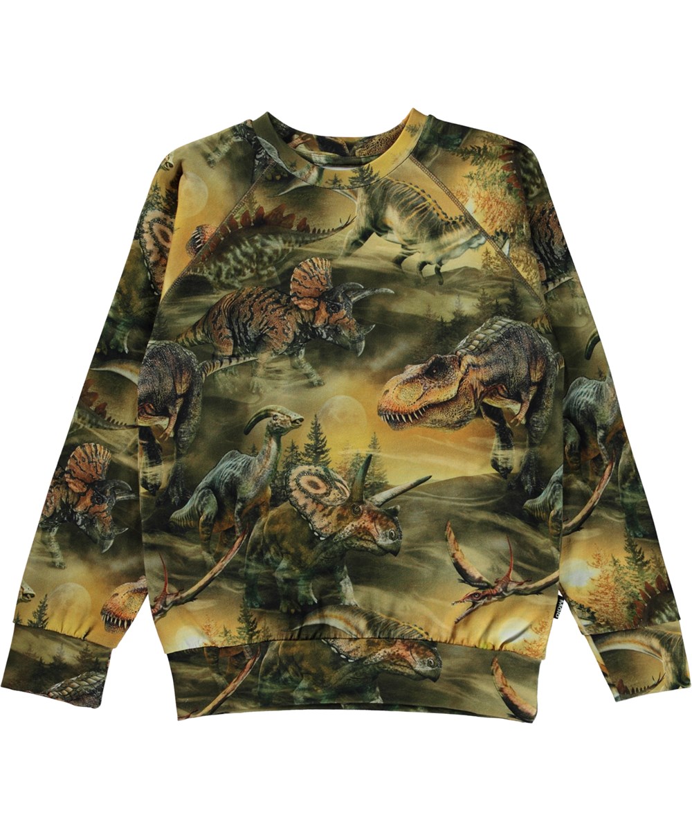 Romeo - Dino Dawn - Grön ekologisk långärmad t-shirt med dinosauriemönster.