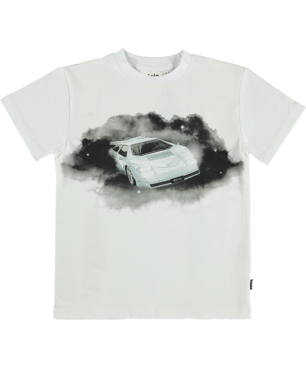 Roxo -  Cars 'N' Stars - Vit t-shirt med racerbil bland moln och stjärnor.