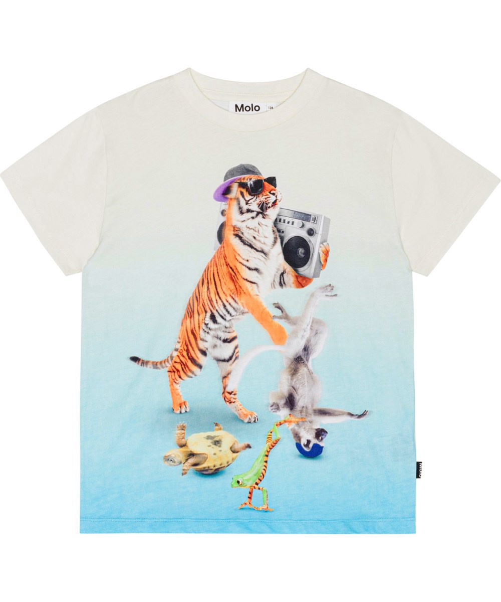Roxo -  Dance Animals - Vit och blå ekologisk t-shirt med dansande djur.