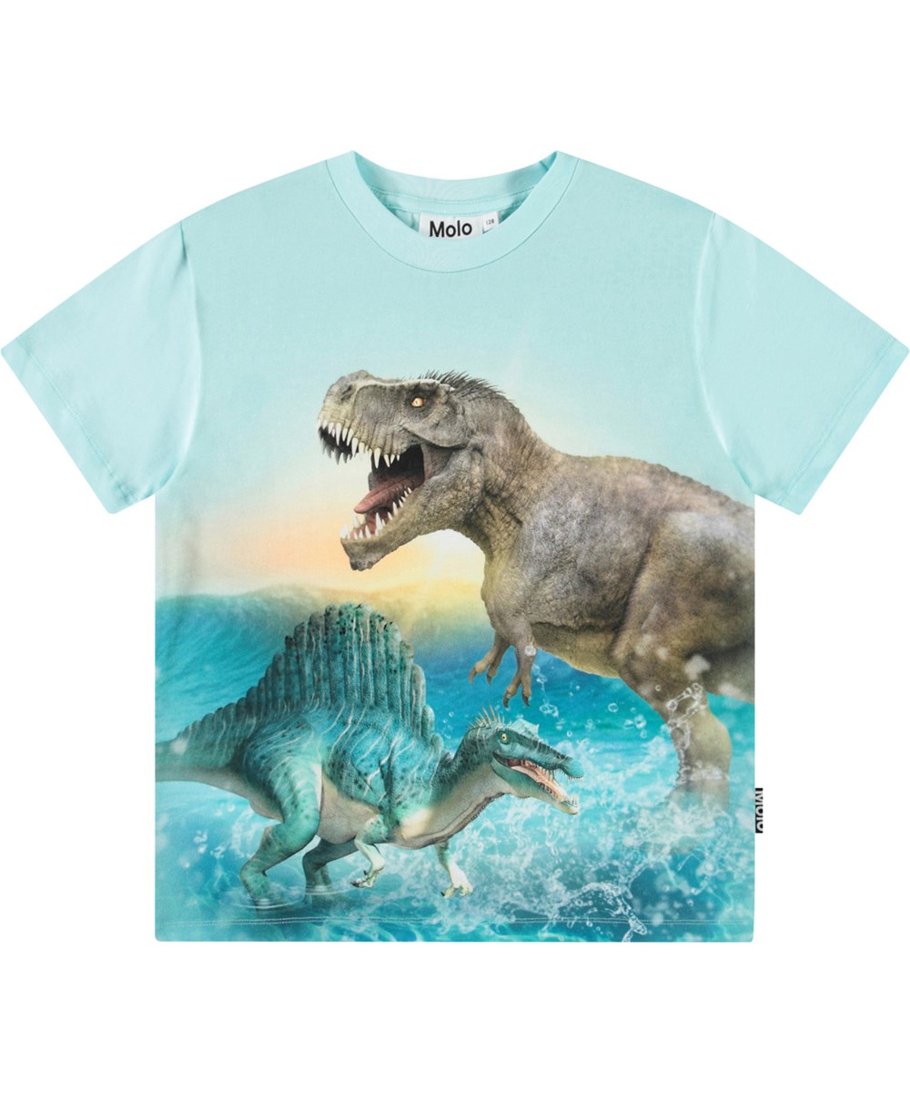 Roxo - Dino Splash - Ljusblå t-shirt för barn i ekologisk bomull med korta ärmar, ribbad halsringning och lös passform.