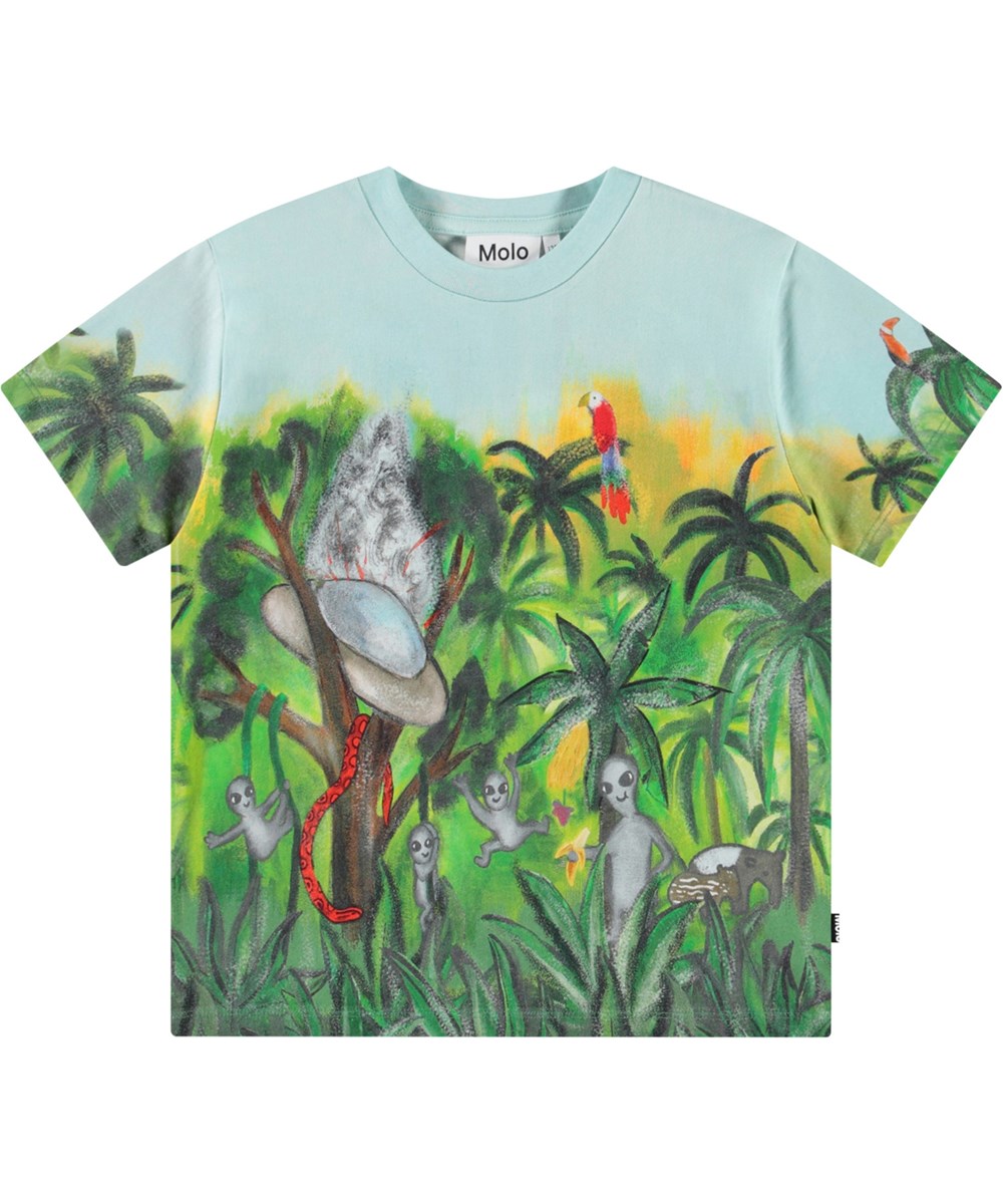 Roxo - Jungle Visitors - Ljusblå t-shirt för barn i ekologisk bomull med korta ärmar, ribbad halsringning och lös passform.