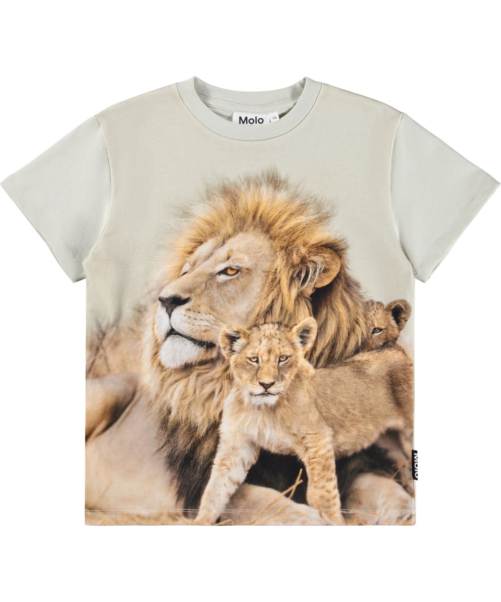 Roxo - Lions - Beige T-shirt med lös passform för barn i mjuk ekologisk bomull med korta ärmar och en ribbad halsringning.