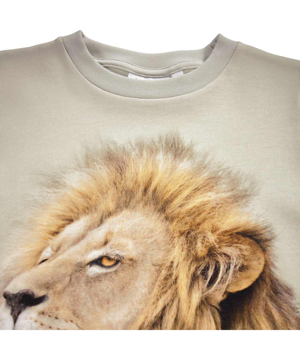 Roxo - Lions - Beige T-shirt med lös passform för barn i mjuk ekologisk bomull med korta ärmar och en ribbad halsringning.
