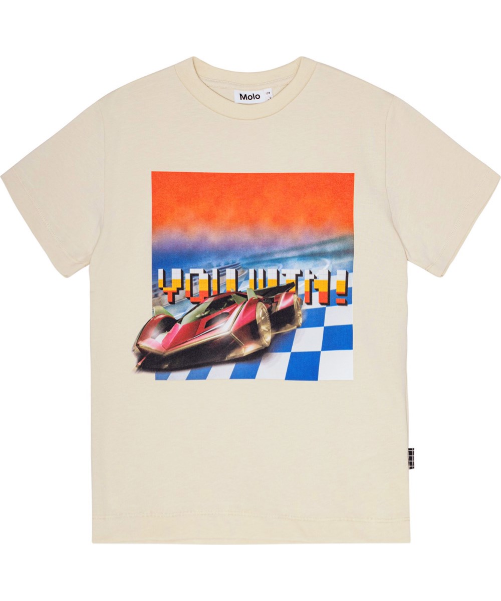 Roxo - You Win - Off-white T-shirt i ekologisk bomull med en racingspeltryck på framsidan.