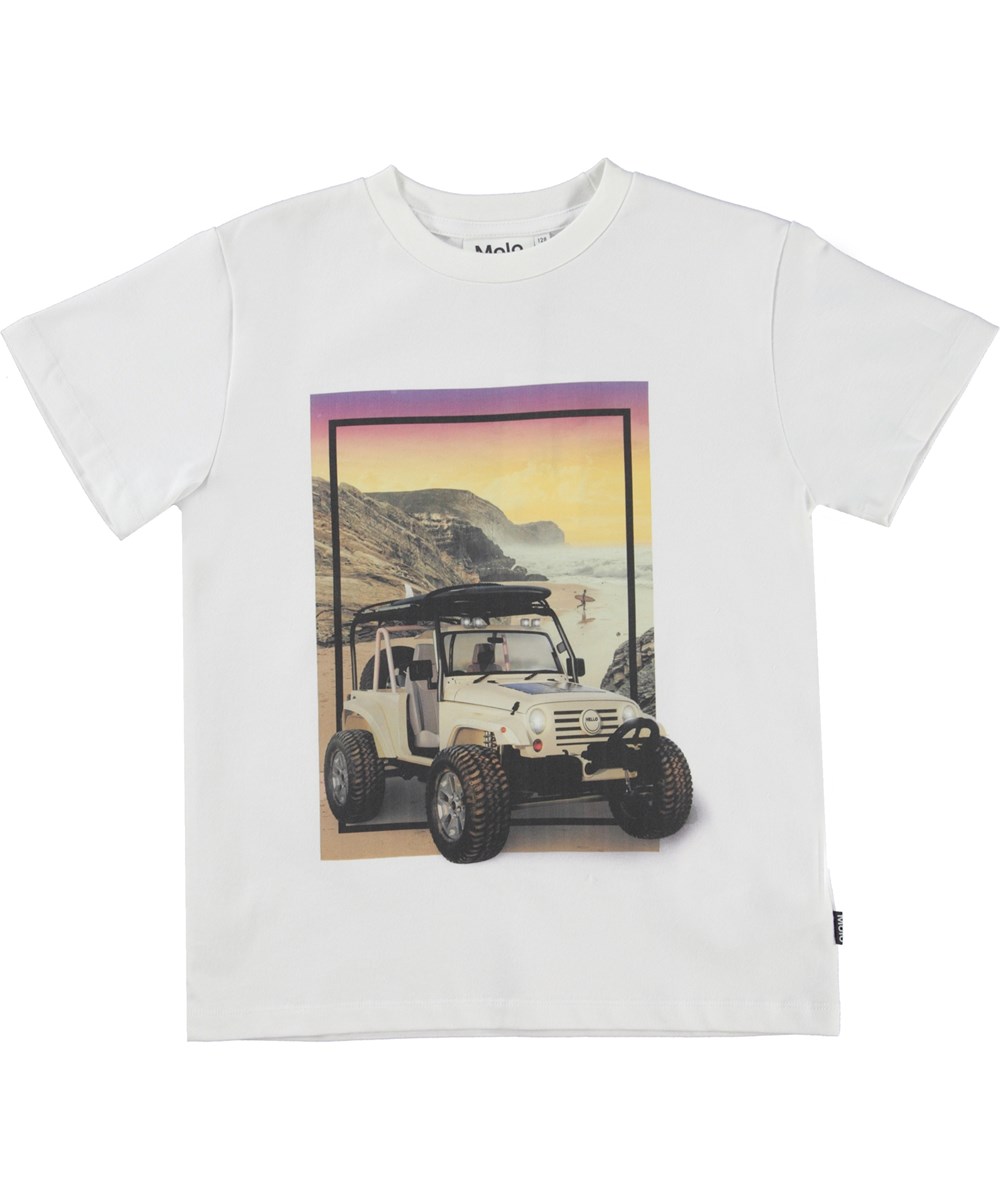 Roxo - Surf Jeep - Vit ekologisk t-shirt med strand och jeep.
