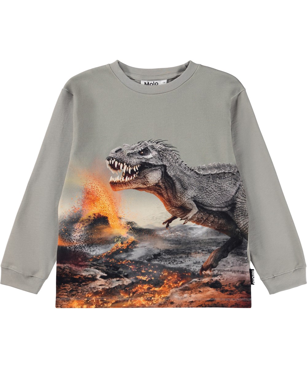Rube - Dinosaur Fog - Khakifärgad långärmad topp för barn i ekologisk bomull med en ribbad halsringning och en tyrannosaurus och en utbrottande vulkan.