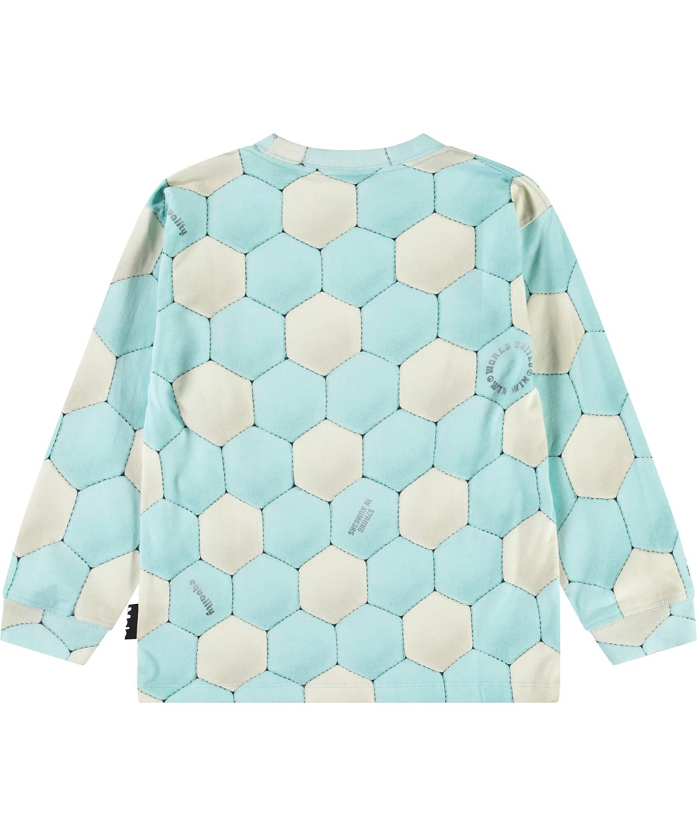 Rube - Football Aqua - Blå och beige långärmad topp för barn i ekologisk bomull med ribbad kant på halsen och ärmarna, samt en lös passform.