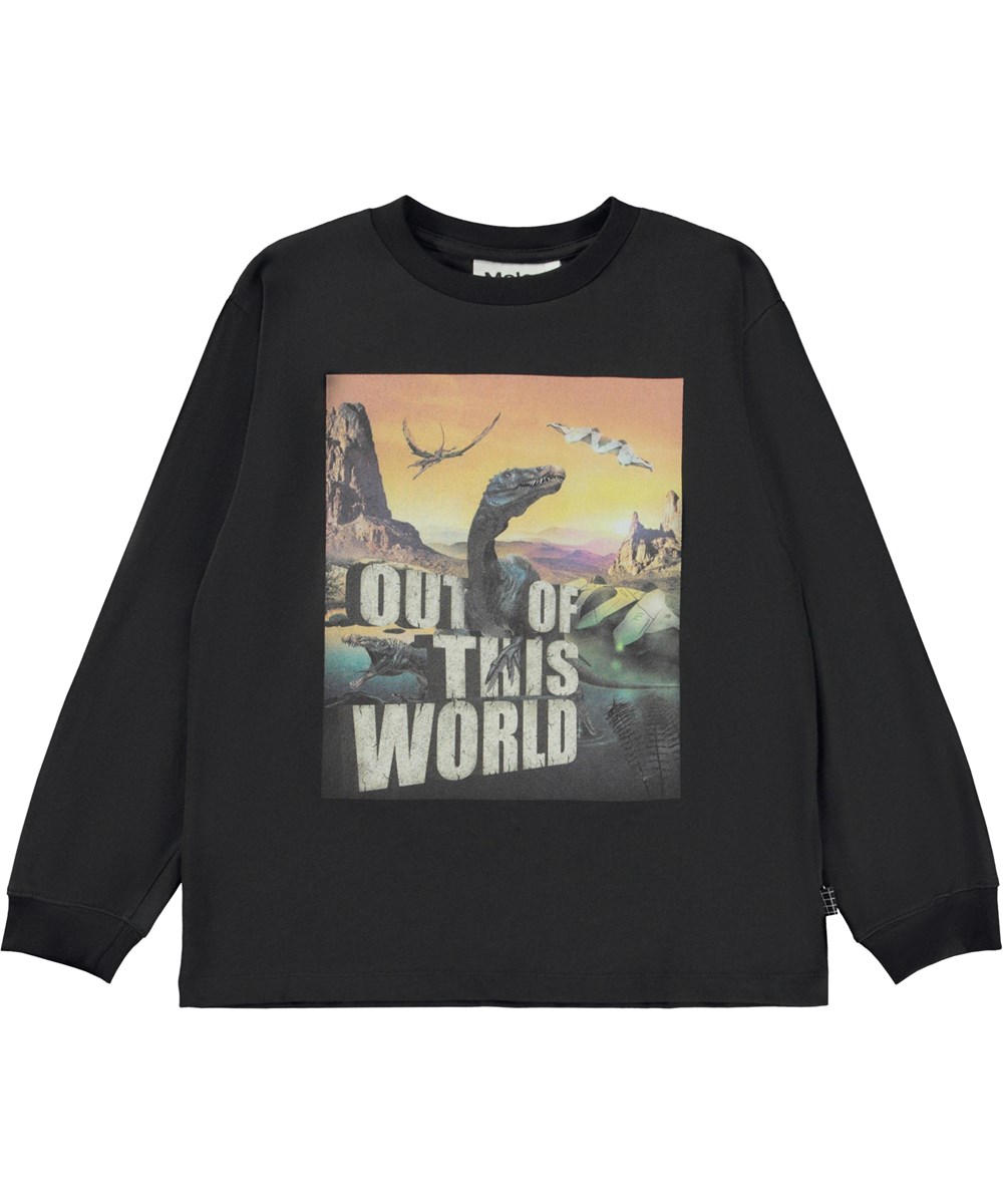 Rube - Strange World - Svart ekologisk långärmad t-shirt med dinosauriemönster.