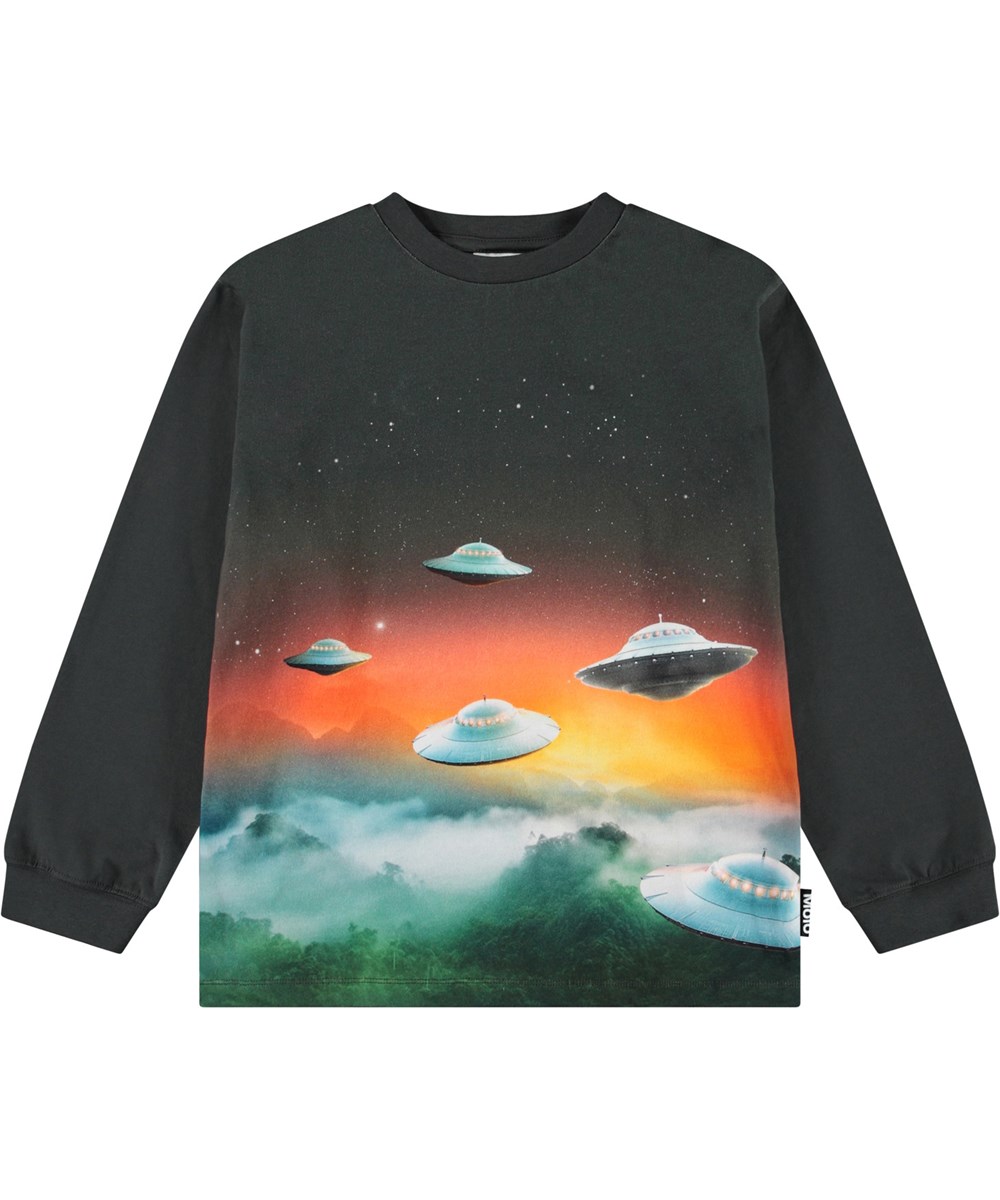 Rube - UFO Visitors - Långärmad topp för barn i ekologisk bomull med ribbad halsringning och ärmar, samt en lös passform.