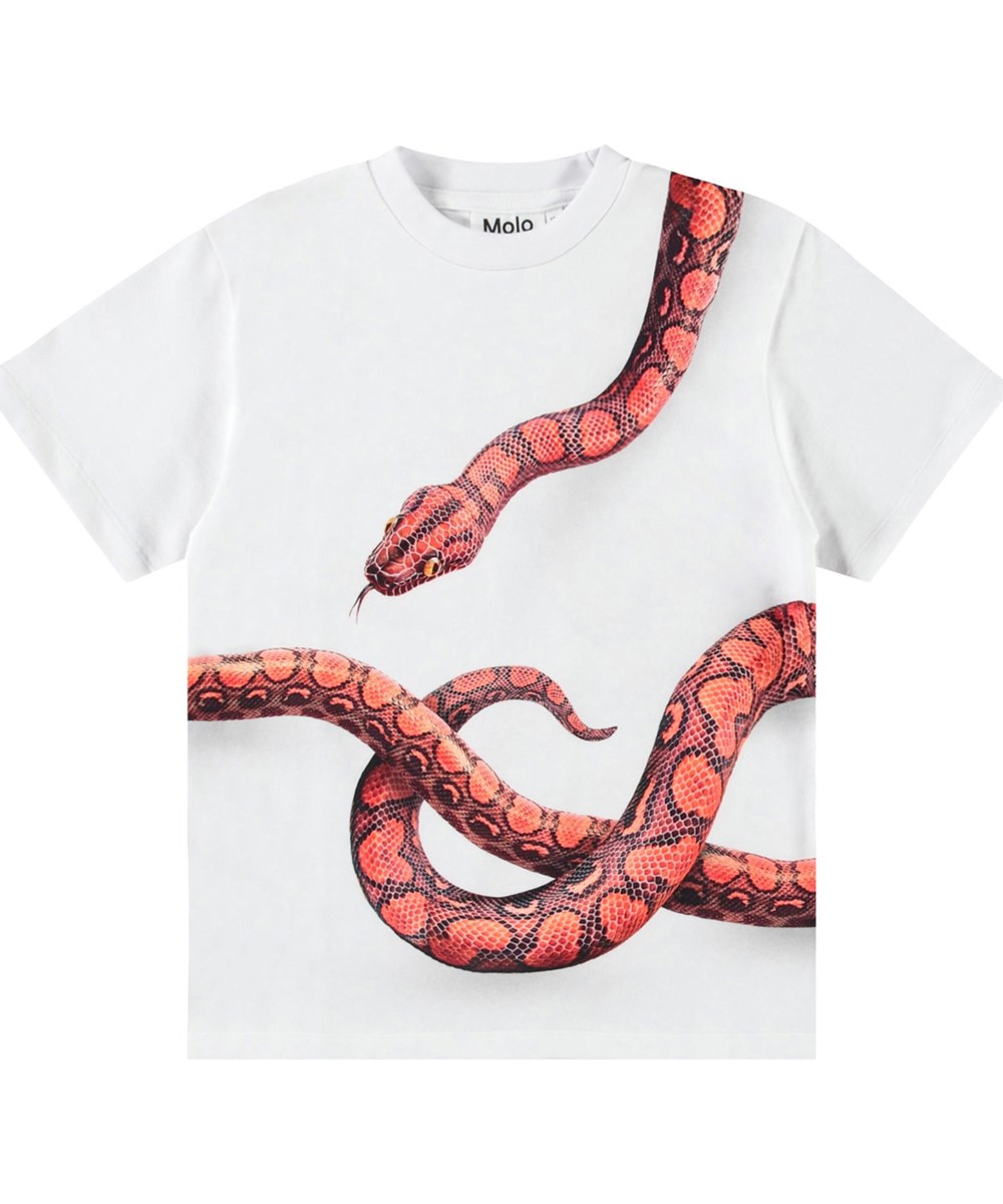 Rubin - Red Snake - Vit t-shirt för barn i ekologisk bomull med korta ärmar och ribbad halsringning.