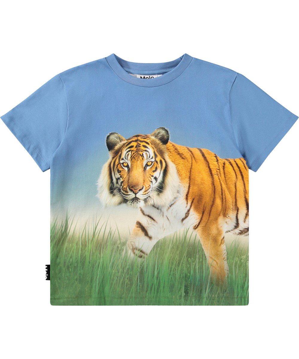 Rubin - Tiger On Blue - Blå T-shirt för barn i ekologisk bomull med ett tigermönster