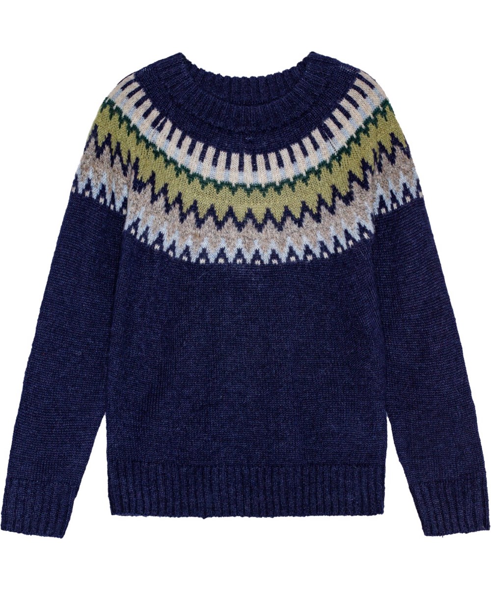 Bae - Blue Calm - Mörkblå nordiskinspirerad stickad tröja med rund hals och raglanärmar.