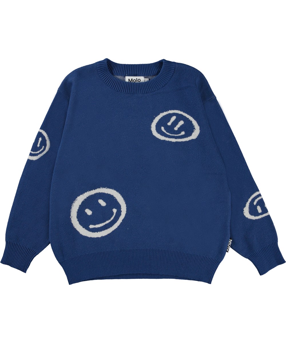 Bello - Blue Smiles - Mörkblå stickad tröja med smileys.