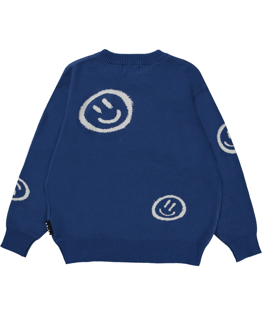Bello - Blue Smiles - Mörkblå stickad tröja med smileys.