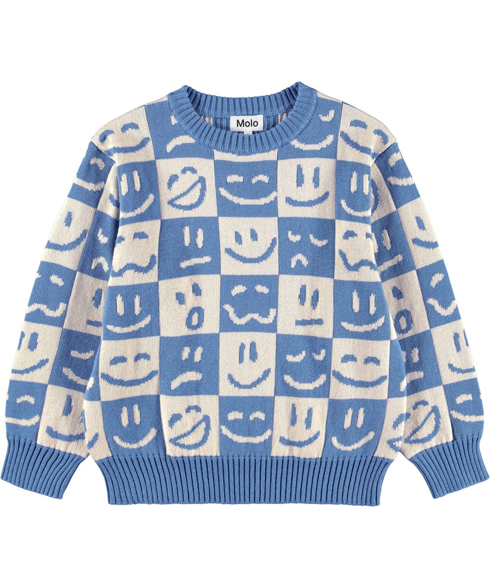 Bello - Moods Knit - Rutig tröja i en blandning av bomull och ull med ett mönster av leende ansikten i blått och vitt.