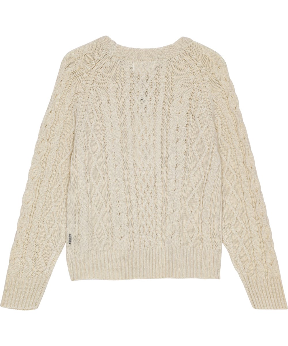 Birk - White Noise - En off-white kabelstickad tröja med långa ärmar och rund hals.