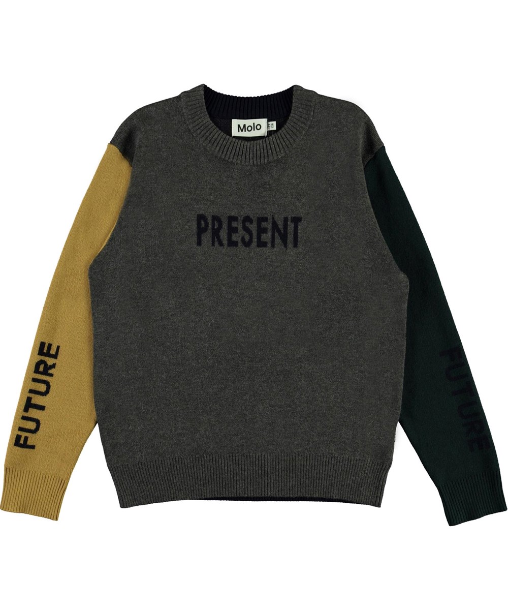 Buster - Past, Present, Future - Stickad tröja med färgblock och texten future och present