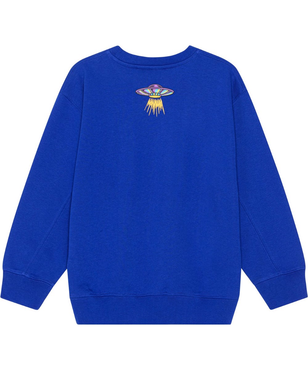 Magni - Reef Blue - Blå sweatshirt med multifärgat dino ufo mönster.