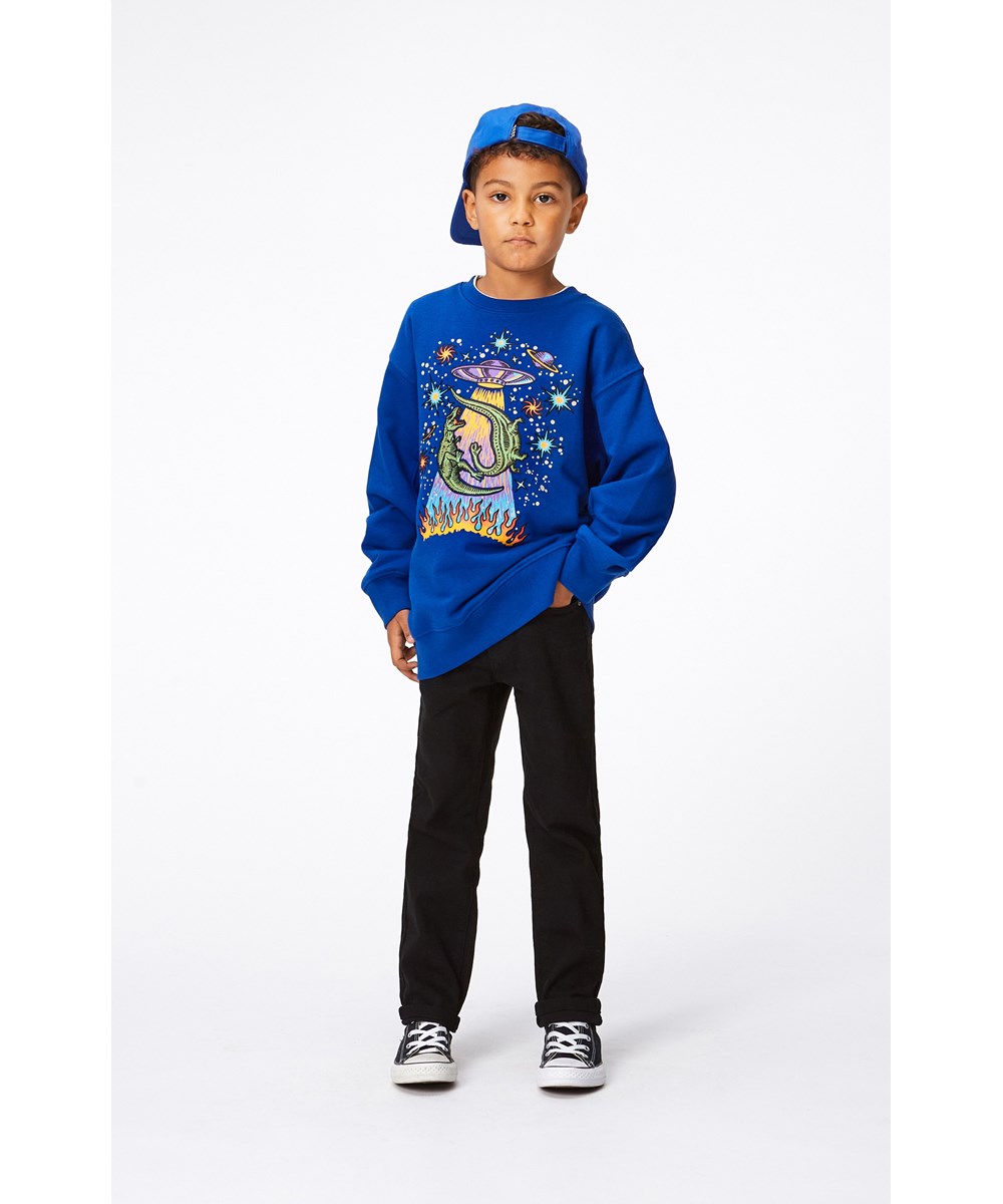 Magni - Reef Blue - Blå sweatshirt med multifärgat dino ufo mönster.